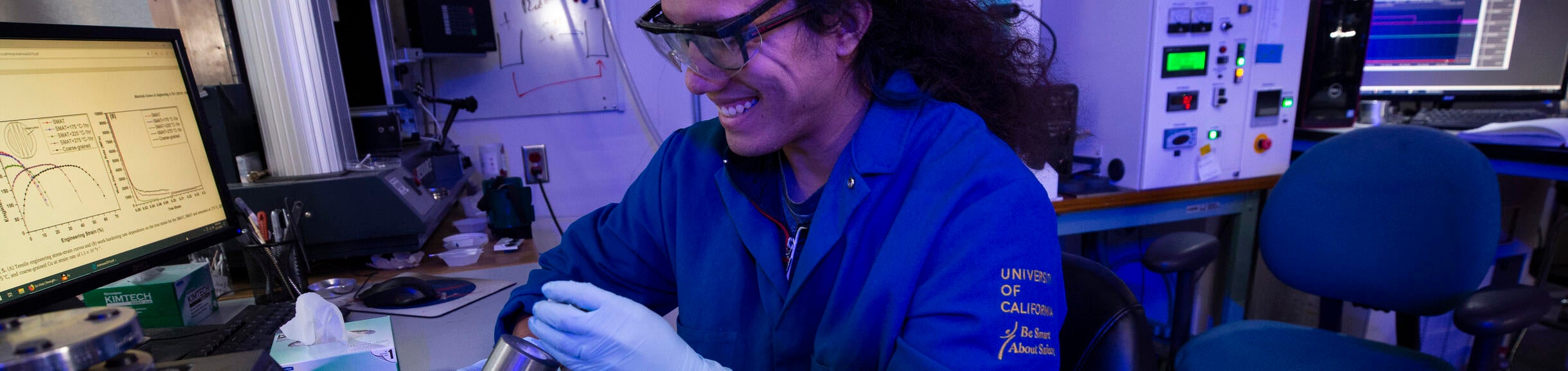 3rd year PHD student Evander Ramos works on tensile testing while in Suveen Nigel Mathaudhu’s lab on December 11, 2019.  (UCR/Stan Lim)