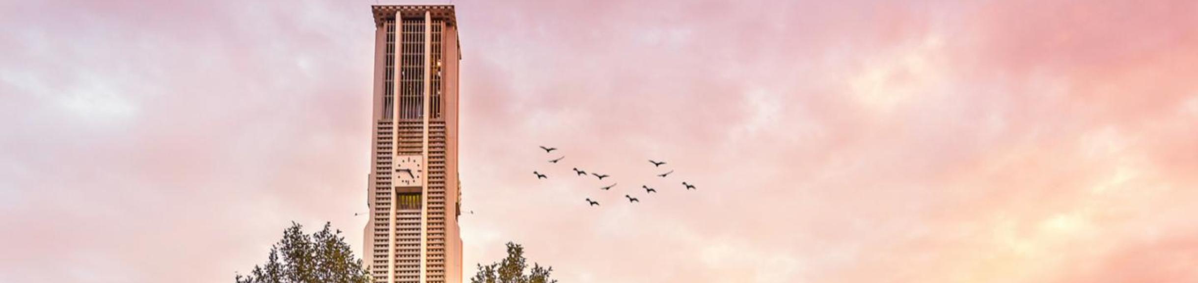 UCR Bell Tower and Sign with Pink Sky