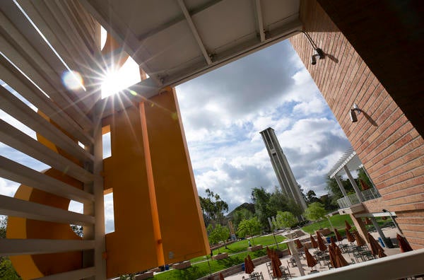 UCR Bell Tower as seen from the HUB with sunburst