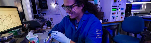 3rd year PHD student Evander Ramos works on tensile testing while in Suveen Nigel Mathaudhu’s lab on December 11, 2019.  (UCR/Stan Lim)