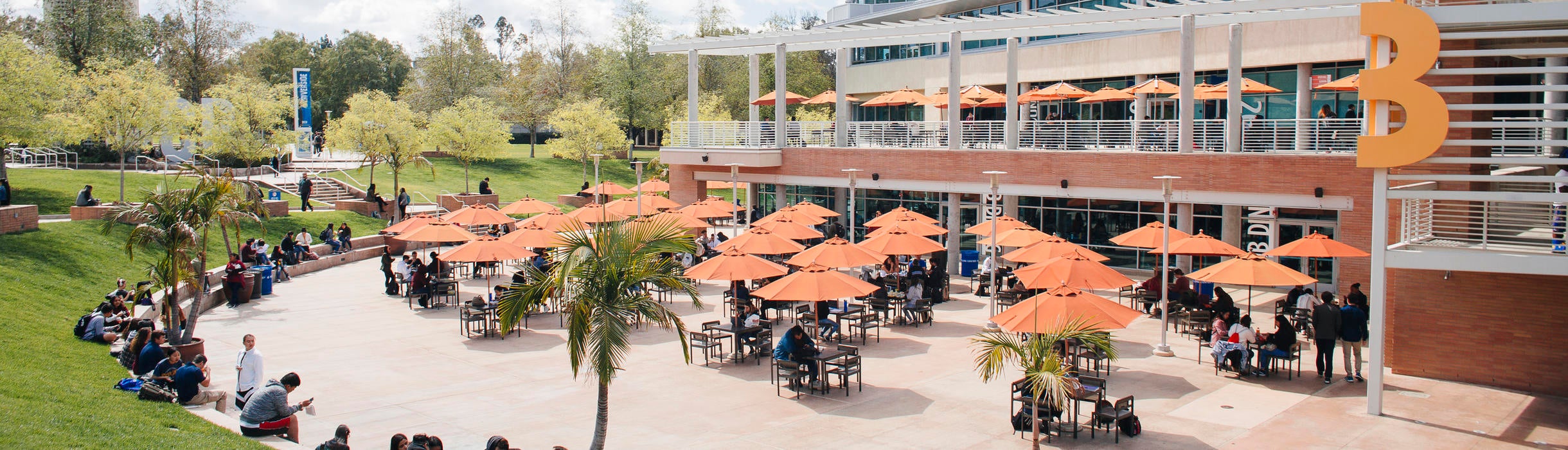 UCR Hub Plaza with Orange Umbrellas